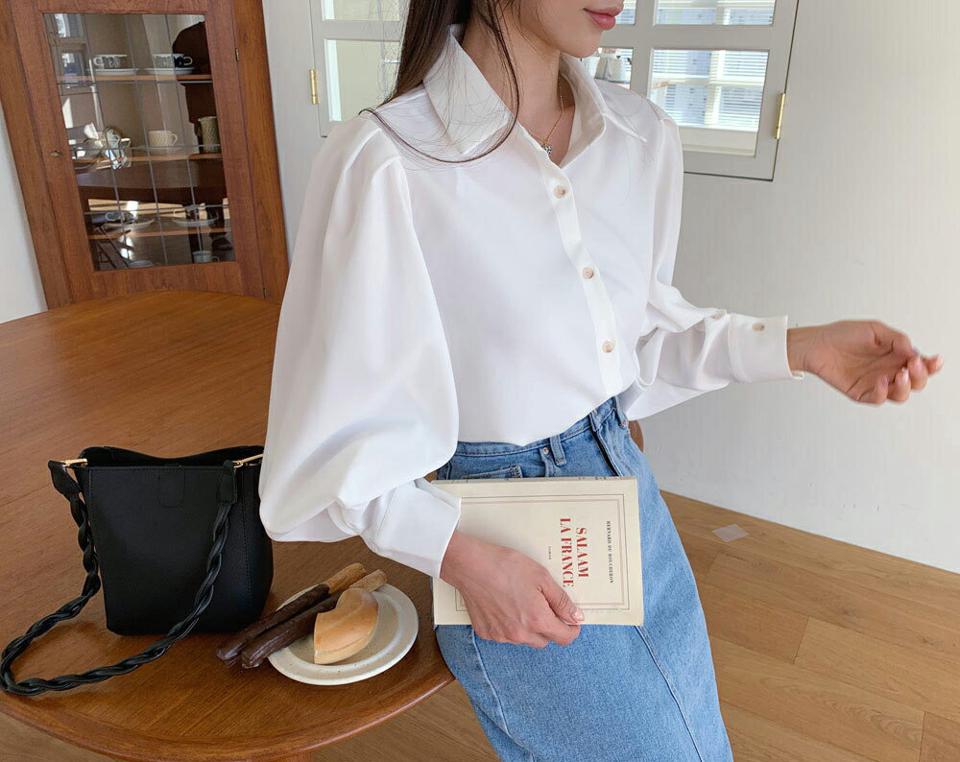 パフスリーブボタンブラウス・全3色・e63323 レディース 【bl】韓国ファッション トップス ブラウス 長袖 カラーネック パフスリーブ ボタン 無地 ベーシック シンプル カジュアル フェミニン ガーリー 春 秋 冬