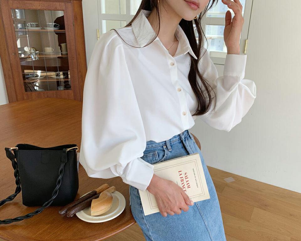 パフスリーブボタンブラウス・全3色・e63323 レディース 【bl】韓国ファッション トップス ブラウス 長袖 カラーネック パフスリーブ ボタン 無地 ベーシック シンプル カジュアル フェミニン ガーリー 春 秋 冬