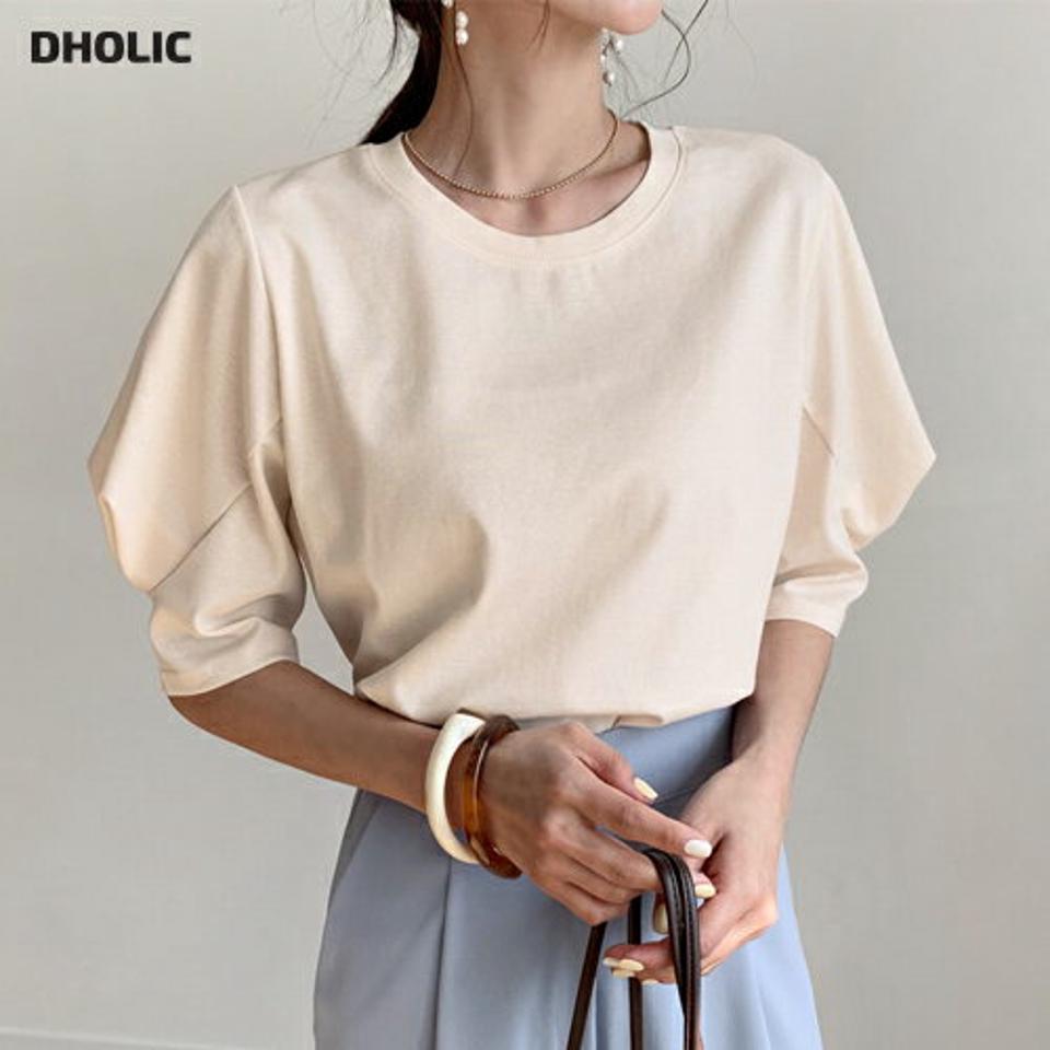 パフスリーブTシャツ・全3色・e66345 レディース 【tops】韓国ファッション トップス Tシャツ 大人 半袖 ラウンドネック パフスリーブ タック 無地 シンプル 二の腕カバー 細身 フェミニン カジュアル 秋 冬 人気