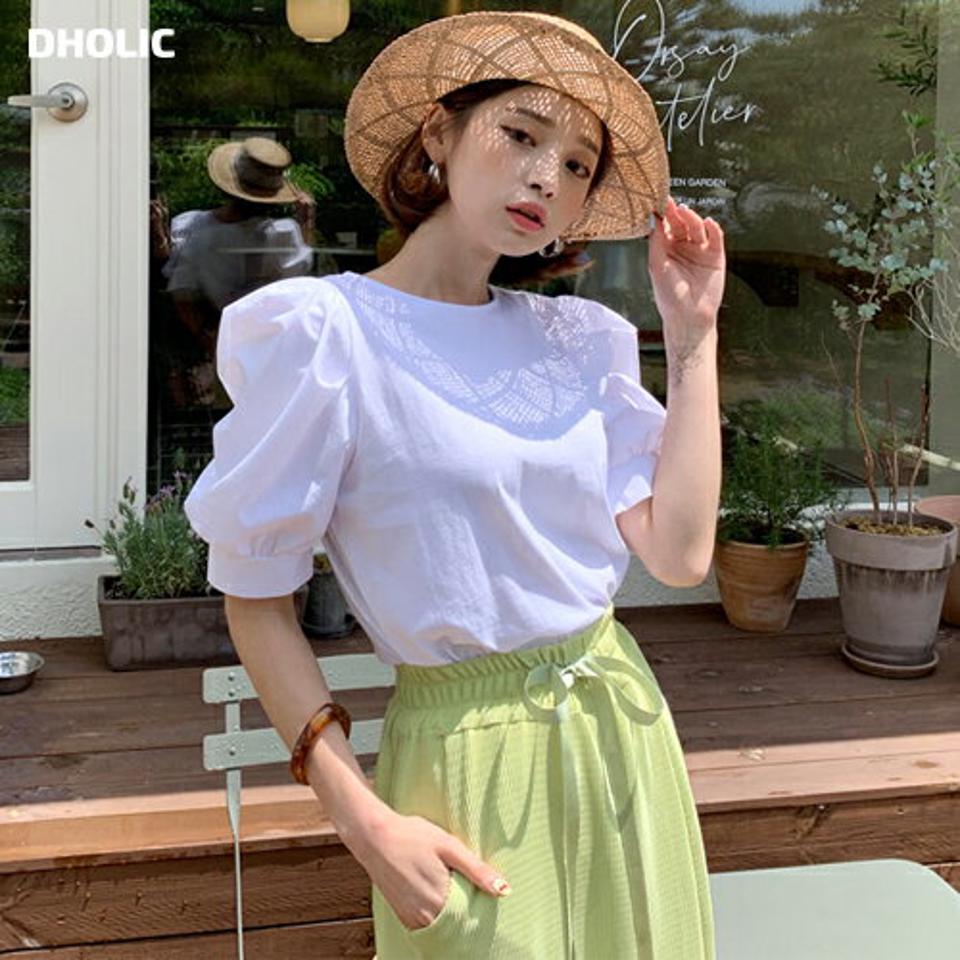 コントラストパフスリーブTシャツ・全3色・e66561 レディース 【bl】韓国ファッション トップス ブラウス 半袖 ラウンドネック コントラスト パフスリーブ 無地 シンプル カジュアル フェミニン ガーリー 春 秋 冬