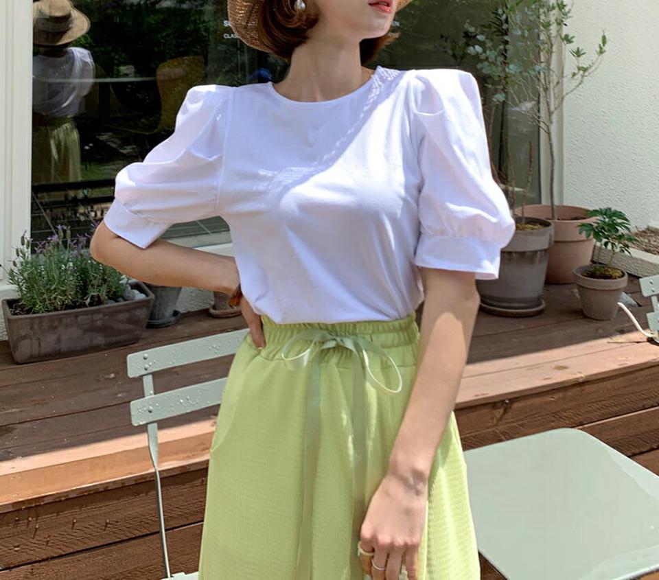 コントラストパフスリーブTシャツ・全3色・e66561 レディース 【bl】韓国ファッション トップス ブラウス 半袖 ラウンドネック コントラスト パフスリーブ 無地 シンプル カジュアル フェミニン ガーリー 春 秋 冬