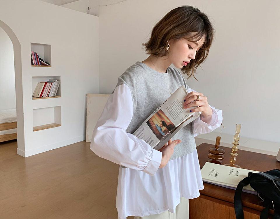 配色レイヤードスウェット・全2色・e58633 レディース 【tops】韓国ファッション 異素材 トップス スウェット 大人 長袖 ラウンドネック 配色 コントラスト レイヤード 体型カバー シンプル フェミニン インしない カジュアル バイカラー 秋 冬