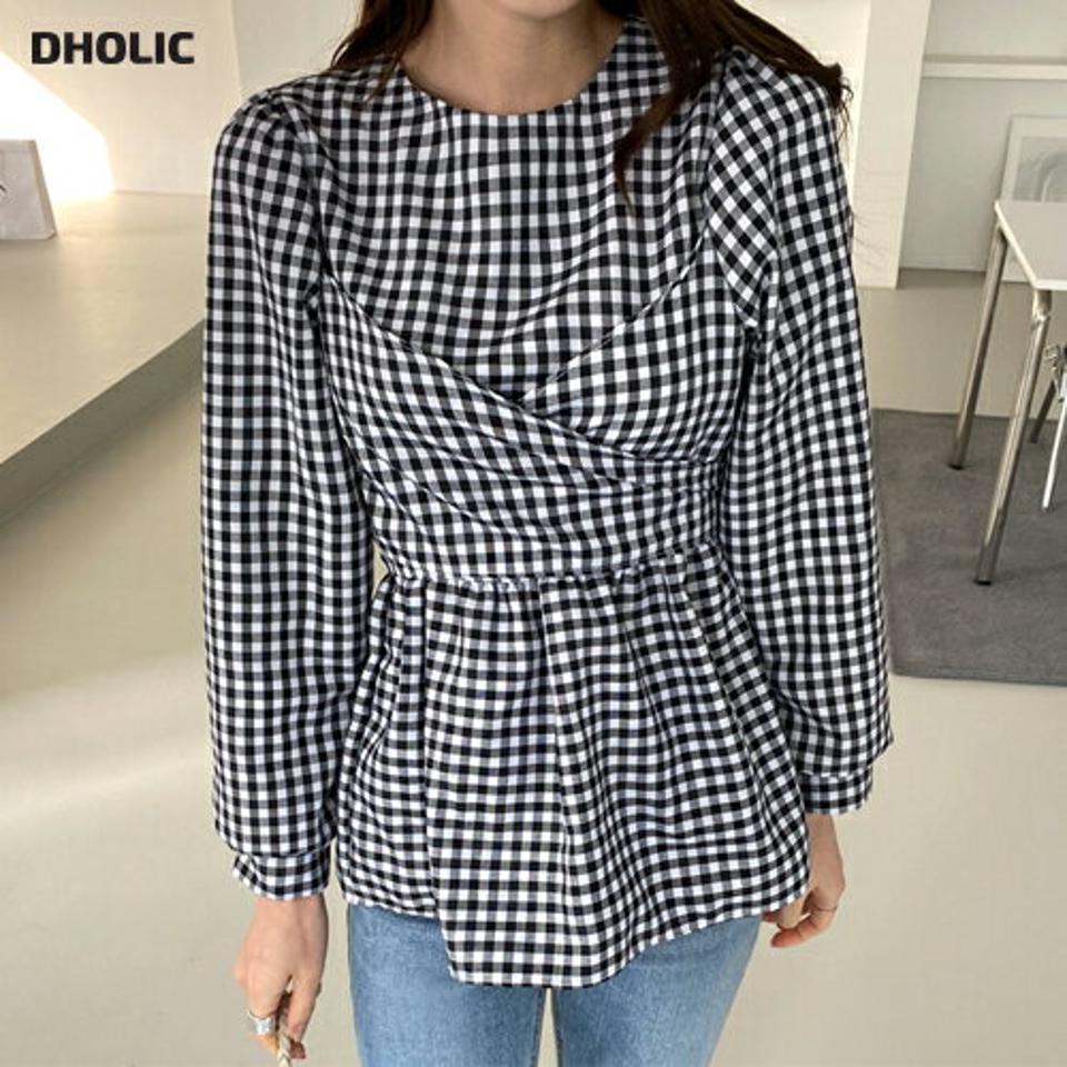ギンガムチェックストラップブラウス・全2色・t00095 レディース 【bl】トップス ブラウス 長袖 チェック柄 ギンガムチェック ストラップ パフスリーブ パフ袖 大人 かわいい ガーリー クロス ペプラム 春 秋 冬 韓国ファッション ハイホリHIHOLLI