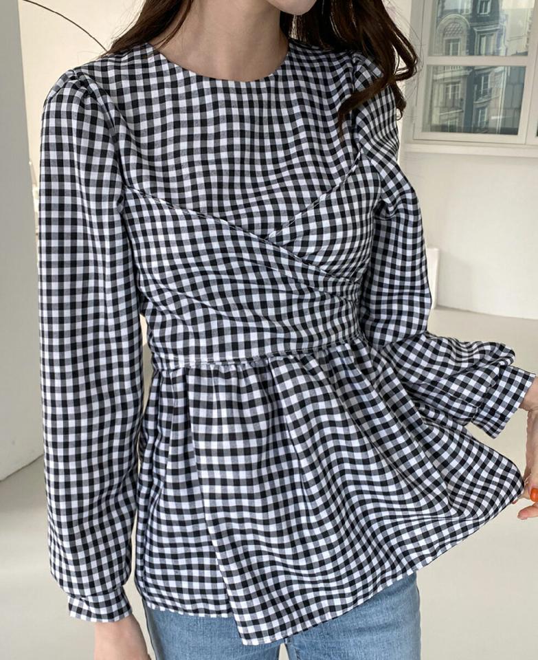 ギンガムチェックストラップブラウス・全2色・t00095 レディース 【bl】トップス ブラウス 長袖 チェック柄 ギンガムチェック ストラップ パフスリーブ パフ袖 大人 かわいい ガーリー クロス ペプラム 春 秋 冬 韓国ファッション ハイホリHIHOLLI