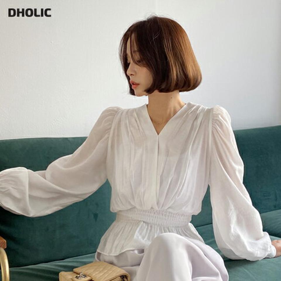 サテンシャーリングブラウス・全4色・t66673 レディース 【bl】韓国ファッション トップス ブラウス 長袖 Vネック クロップド丈 タック シャーリング サテン パフスリーブ シンプル カジュアル フェミニン 体型カバー ガーリー 春 秋 冬