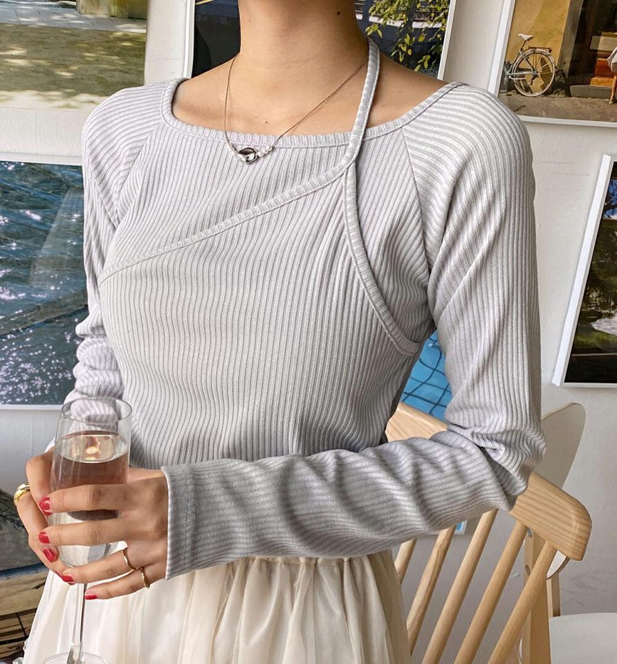 レイヤードリブTシャツ・全3色・t66661 レディース 【tops】韓国ファッション トップス Tシャツ 大人 長袖 スクエアネック キャミソール レイヤード リブ クロップド丈 無地 シンプル 体型カバー ルーズ フェミニン カジュアル デイリー 春 秋 冬
