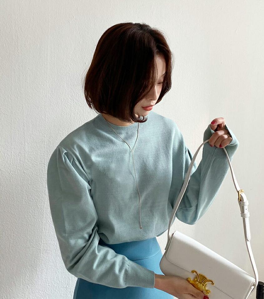 ラウンドパフニット・全5色・b66666 レディース 【tops】韓国ファッション トップス ニット 大人 長袖 ラウンドネック パフスリーブ カラーニット 無地 シンプル フェミニン カジュアル デイリー 秋 冬