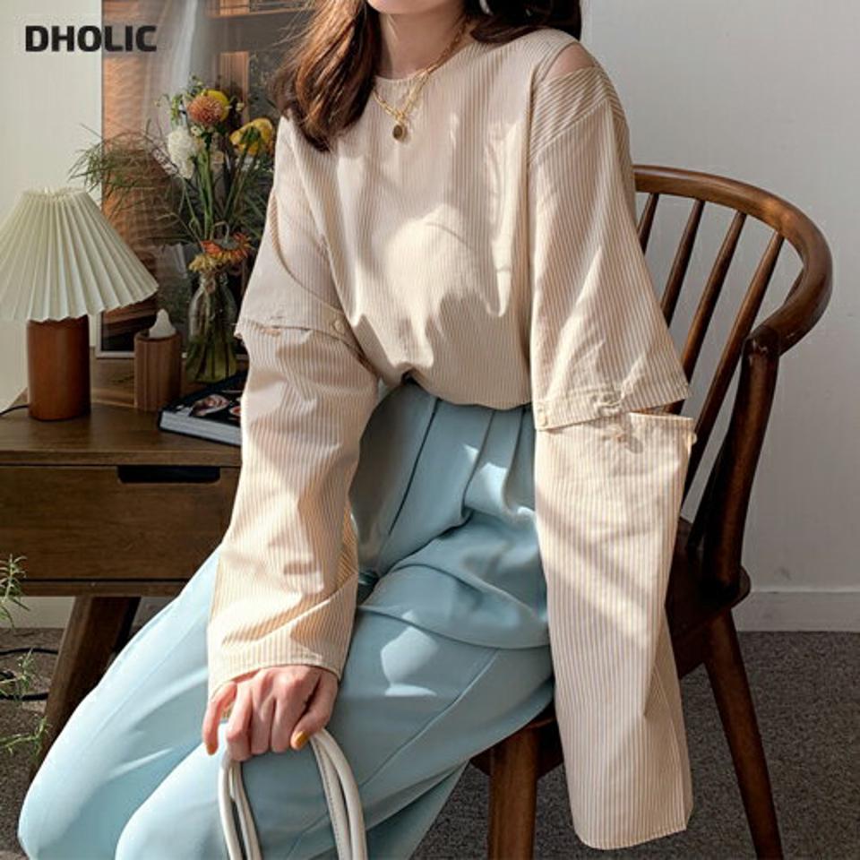 2WAYストライプブラウス・全2色・t66671 レディース 【bl】韓国ファッション トップス ブラウス 長袖 半袖 袖ボタン ラウンドネック ストライプ スリット シンプル カジュアル フェミニン 体型カバー ガーリー 春 秋 冬