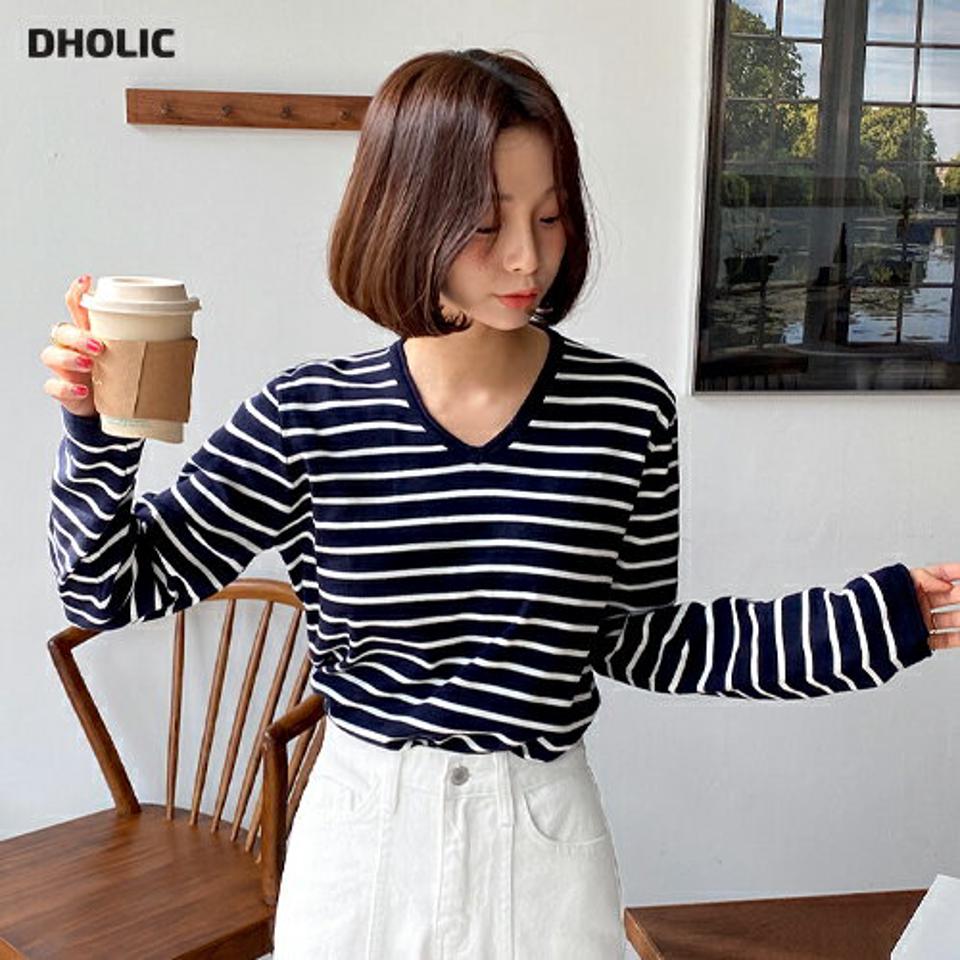 ボーダーVネックロールニット・全3色・t66665 レディース 【tops】韓国ファッション トップス ニット 大人 長袖 Vネック ボーダー ロール 配色 シンプル 体型カバー フェミニン カジュアル デイリー 秋 冬