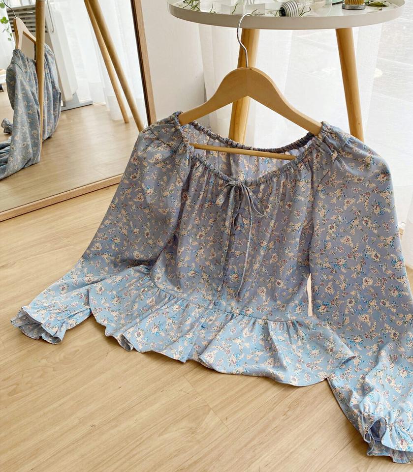 2WAYリボン花柄ブラウス・全4色・t66670 レディース 【bl】韓国ファッション トップス ブラウス 長袖 ラウンドネック オフショル リボン 花柄 フローラル フラワー シンプル カジュアル フェミニン 体型カバー ガーリー 春 秋 冬