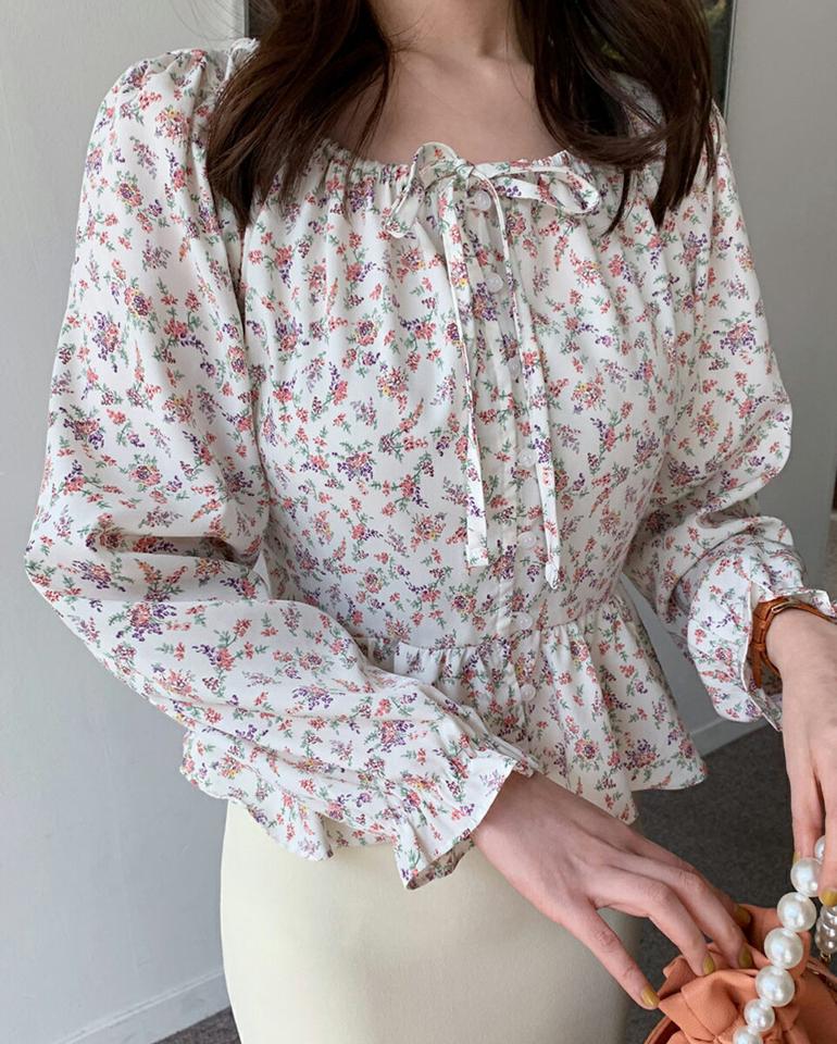 2WAYリボン花柄ブラウス・全4色・t66670 レディース 【bl】韓国ファッション トップス ブラウス 長袖 ラウンドネック オフショル リボン 花柄 フローラル フラワー シンプル カジュアル フェミニン 体型カバー ガーリー 春 秋 冬
