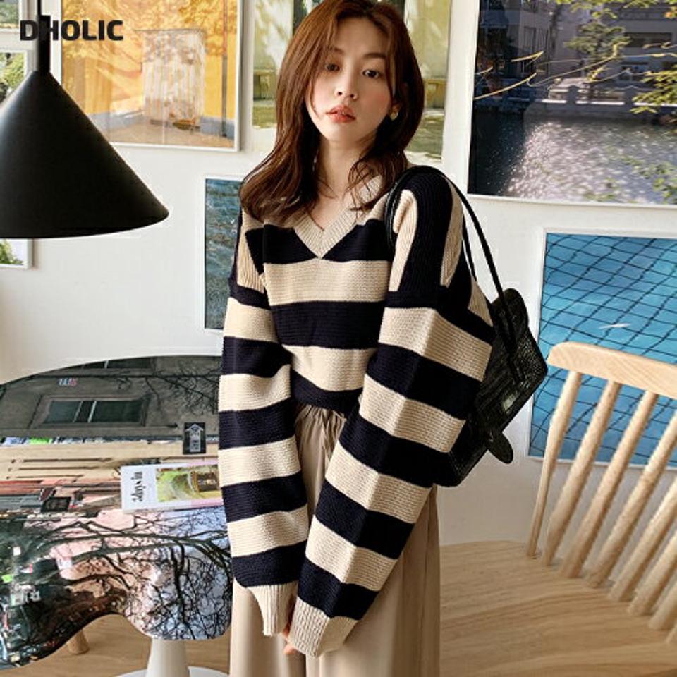 Vネックボーダークロップドニット・全4色・t66668 レディース 【tops】韓国ファッション トップス ニット 大人 長袖 Vネック ボーダー クロップド丈 ルーズ シンプル フェミニン カジュアル デイリー 秋 冬