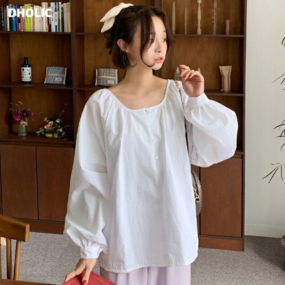 ラグランスクエアブラウス・全4色・t66672 レディース 【bl】韓国ファッション トップス ブラウス 長袖 スクエアネック ラグラン パフ ギャザー ボタン 無地 シンプル カジュアル フェミニン ガーリー 春 秋 冬