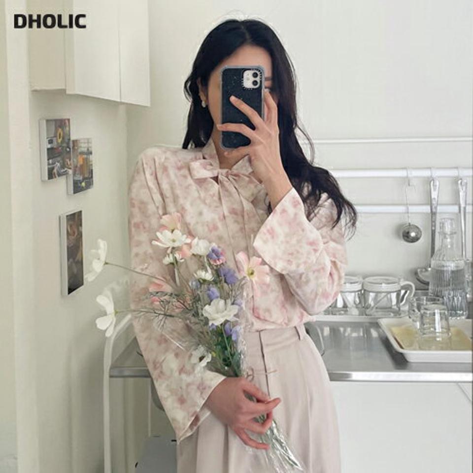 パターンタイブラウス・全2色・b02050 レディース 【bl】韓国ファッション トップス ブラウス 長袖 ラウンドネック パターン タイ 配色 柄 スリット シンプル カジュアル フェミニン ガーリー 春 秋 冬