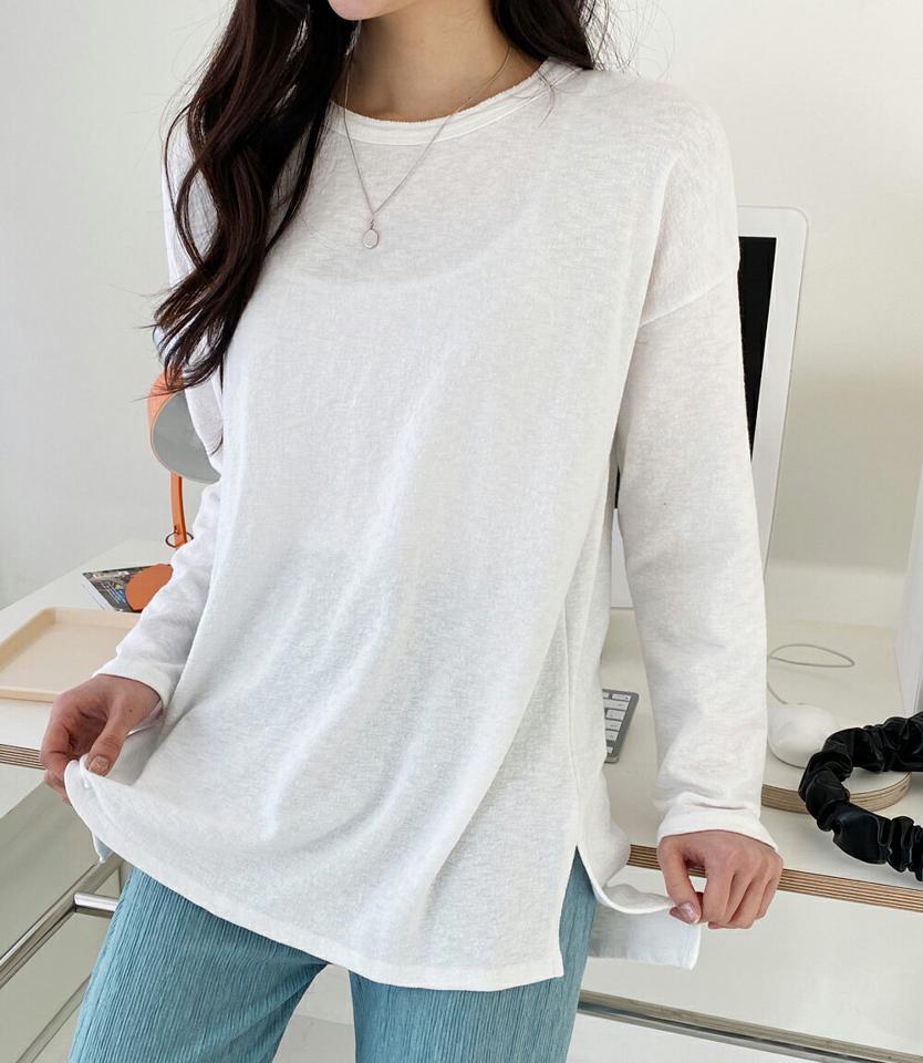 アンバランスロングTシャツ・全5色・b02015 レディース 【tops】韓国ファッション トップス Tシャツ 大人 長袖 ラウンドネック ドロップショルダー スリット 無地 シンプル 細身 フェミニン カジュアル デイリー 秋 冬