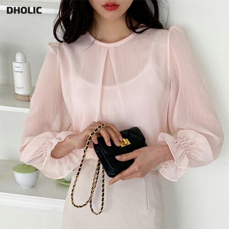 タックシースルーブラウス・全3色・b02019 レディース 【bl】韓国ファッション トップス ブラウス 長袖 ラウンドネック タック シースルー パフスリーブ 無地 シンプル カジュアル フェミニン ピンク 体型カバー ガーリー 春 秋 冬
