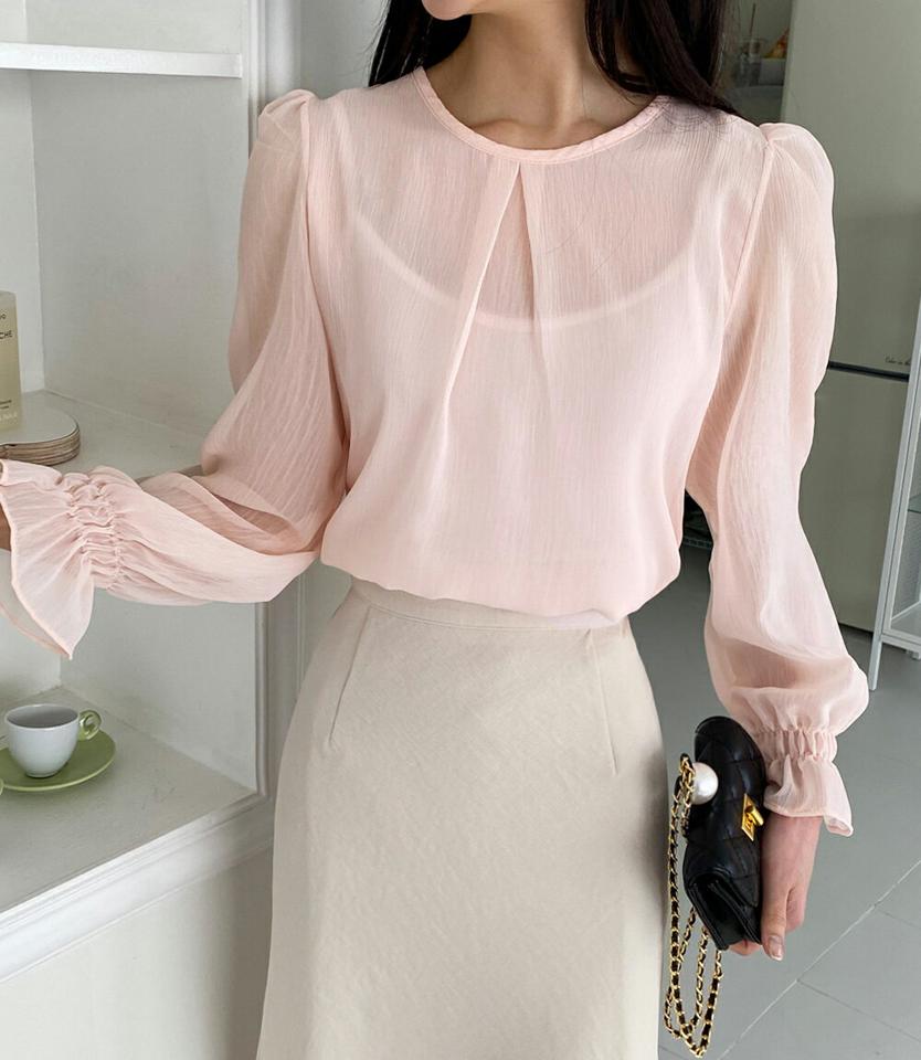 タックシースルーブラウス・全3色・b02019 レディース 【bl】韓国ファッション トップス ブラウス 長袖 ラウンドネック タック シースルー パフスリーブ 無地 シンプル カジュアル フェミニン ピンク 体型カバー ガーリー 春 秋 冬