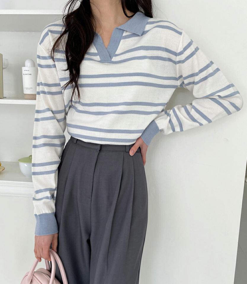 スキッパーカラーボーダーニット・全4色・b02025 レディース 【tops】韓国ファッション トップス ニット 大人 長袖 スキッパー カラー ボーダー ドロップショルダー クロップド丈 シンプル フェミニン カジュアル デイリー 秋 冬