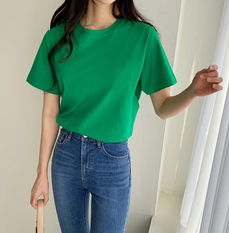 ラウンドネック半袖Tシャツ・全7色・b02014 レディース 【tops】韓国ファッション トップス Tシャツ 大人 半袖 ラウンドネック 無地 ベーシック シンプル 細身 フェミニン カジュアル デイリー 秋 冬