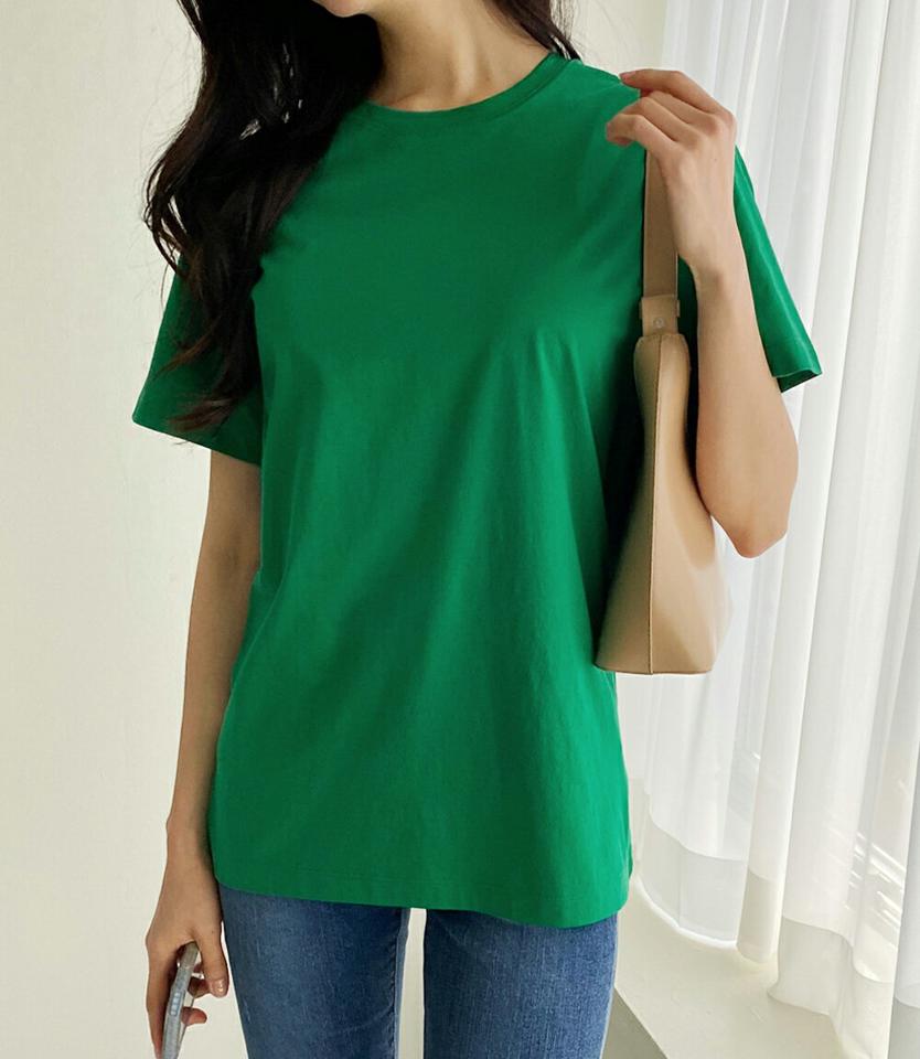 ラウンドネック半袖Tシャツ・全7色・b02014 レディース 【tops】韓国ファッション トップス Tシャツ 大人 半袖 ラウンドネック 無地 ベーシック シンプル 細身 フェミニン カジュアル デイリー 秋 冬