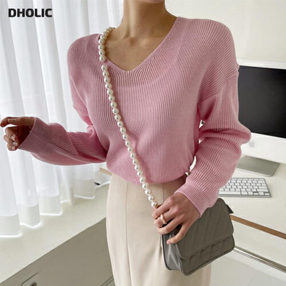 ソフトVネックニット・全5色・b02024 レディース 【tops】韓国ファッション トップス ニット 大人 長袖 Vネック ドロップショルダー ソフト カラーニット 無地 シンプル フェミニン カジュアル デイリー 秋 冬