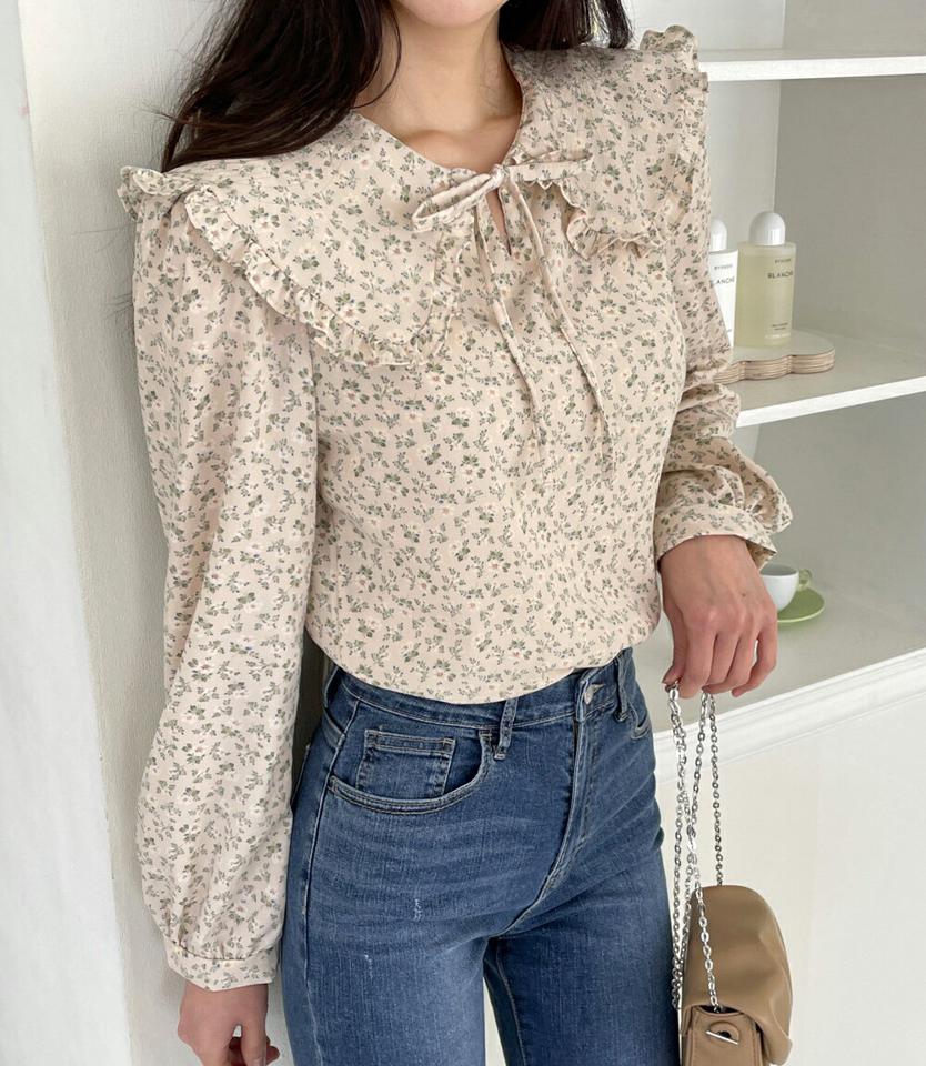 フローラルビッグフリルカラーブラウス・全3色・t02051 レディース 【bl】韓国ファッション トップス ブラウス 長袖 ラウンドネック ビッグフリル 花柄 フラワー フローラル シンプル カジュアル フェミニン 体型カバー ガーリー 春 秋 冬