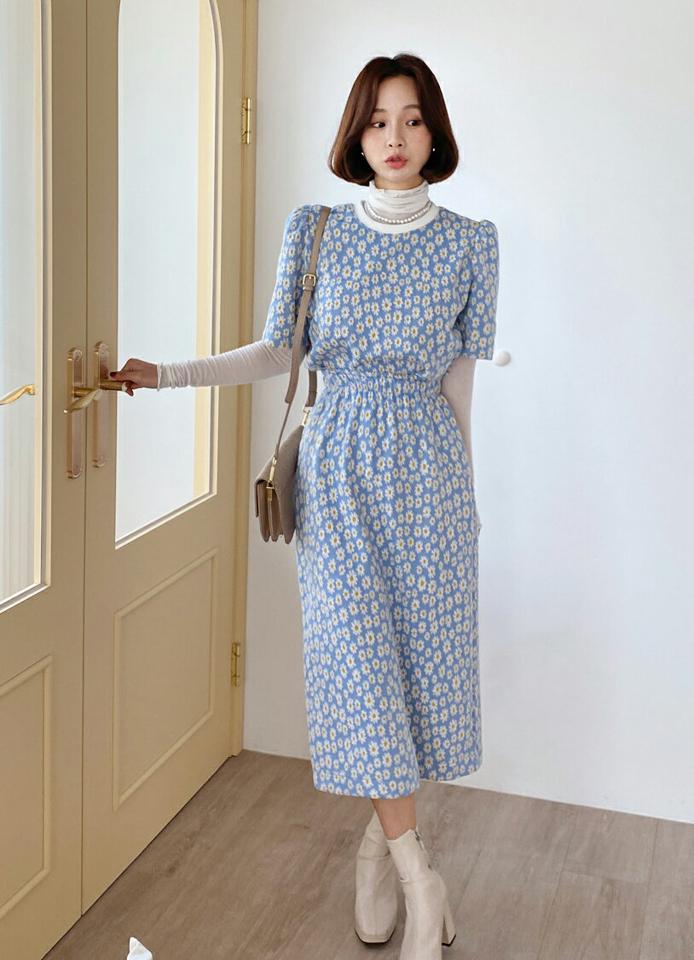 フローラルハーフスリーブTシャツ&ロングスカートSET・全2色・t66231 レディース 【ops】韓国ファッション ワンピース ロング ロングワンピース Tシャツ セットアップ 半袖 ラウンドネック 花柄 フローラル フラワー ロング丈 シンプル 秋 冬