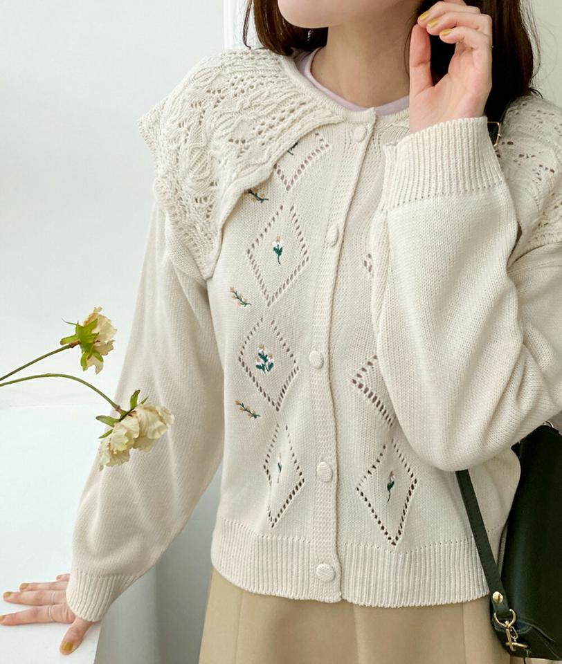 【10%OFF】パンチングビッグカラー刺繍カーディガン・全4色・t66226 レディース 【cd】韓国ファッション トップス カーディガン カーデ 長袖 カラーネック ケーブル編み くるみボタン パンチング ビッグカラー 刺繍 シンプル カジュアル 体型カバー 秋 冬【cdセール】