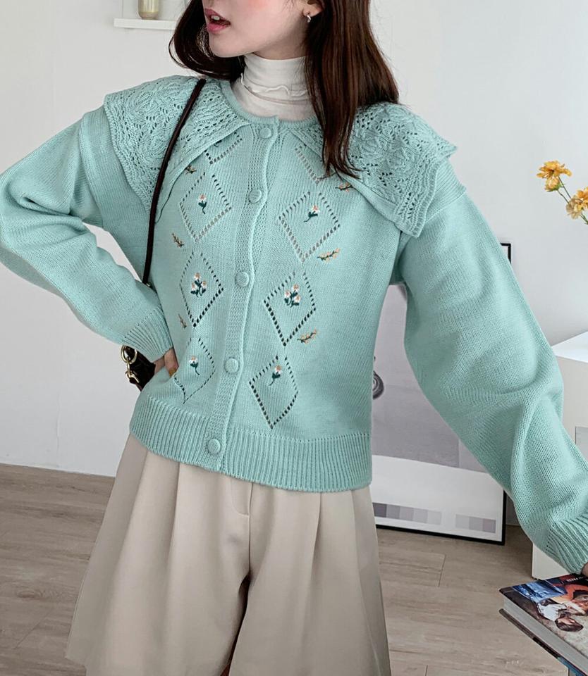 【10%OFF】パンチングビッグカラー刺繍カーディガン・全4色・t66226 レディース 【cd】韓国ファッション トップス カーディガン カーデ 長袖 カラーネック ケーブル編み くるみボタン パンチング ビッグカラー 刺繍 シンプル カジュアル 体型カバー 秋 冬【cdセール】