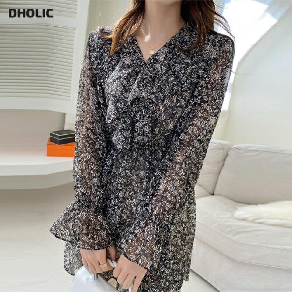 ラッフルプリントブラウス・全2色・b71732 レディース 【bl】トップス ブラウス 長袖 ラッフル プリント 総柄 フェミニン きれいめ 大人 フレア 透け感 春 秋 韓国ファッション ハイホリHIHOLLI