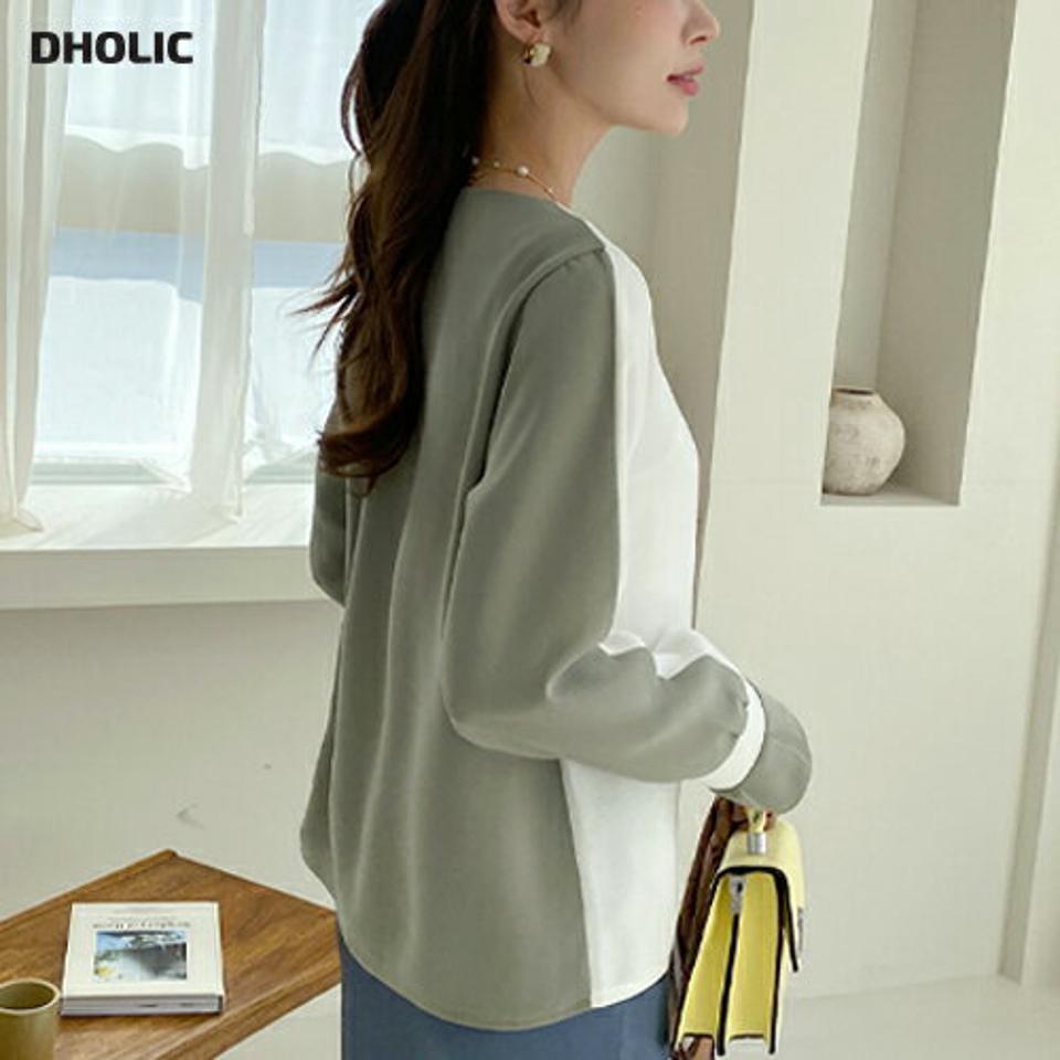 配色Vネックブラウス・全2色・b71687 レディース 【bl】トップス ブラウス 長袖 配色 Vネック 大人 カジュアル バイカラー 春 秋 冬 韓国ファッション ハイホリHIHOLLI