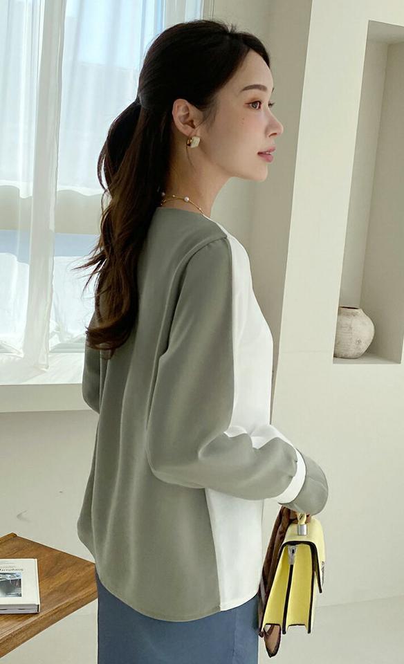 配色Vネックブラウス・全2色・b71687 レディース 【bl】トップス ブラウス 長袖 配色 Vネック 大人 カジュアル バイカラー 春 秋 冬 韓国ファッション ハイホリHIHOLLI