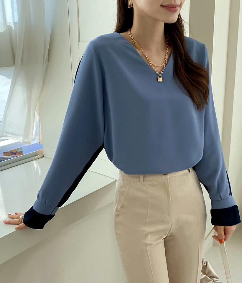 配色Vネックブラウス・全2色・b71687 レディース 【bl】トップス ブラウス 長袖 配色 Vネック 大人 カジュアル バイカラー 春 秋 冬 韓国ファッション ハイホリHIHOLLI