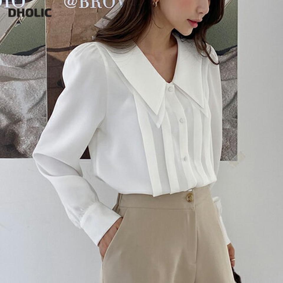 シアーレイヤードカラーブラウス・全3色・b65401 レディース 【bl】韓国ファッション トップス ブラウス 長袖 カラーネック シアー レイヤード ギャザー くるみボタン 無地 シンプル カジュアル フェミニン 体型カバー ガーリー 春 秋 冬