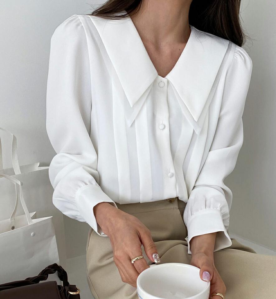 シアーレイヤードカラーブラウス・全3色・b65401 レディース 【bl】韓国ファッション トップス ブラウス 長袖 カラーネック シアー レイヤード ギャザー くるみボタン 無地 シンプル カジュアル フェミニン 体型カバー ガーリー 春 秋 冬