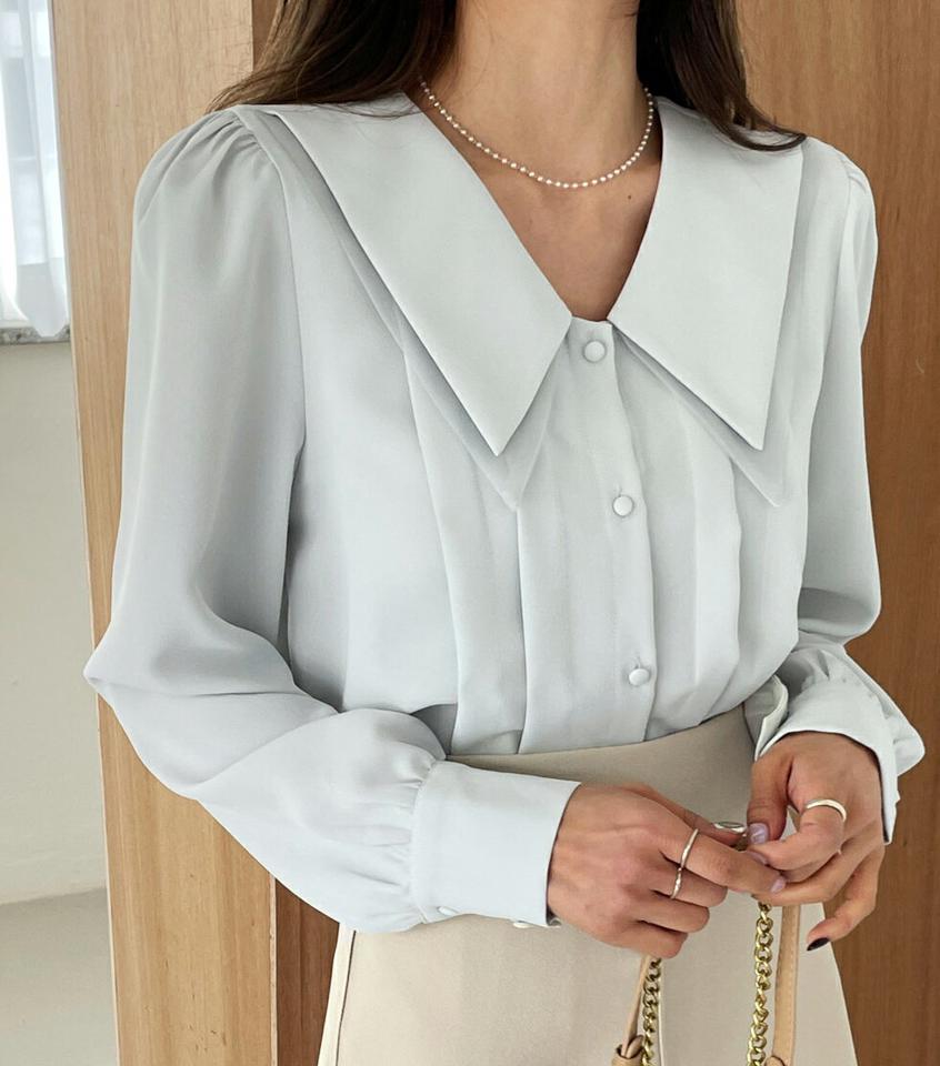 シアーレイヤードカラーブラウス・全3色・b65401 レディース 【bl】韓国ファッション トップス ブラウス 長袖 カラーネック シアー レイヤード ギャザー くるみボタン 無地 シンプル カジュアル フェミニン 体型カバー ガーリー 春 秋 冬