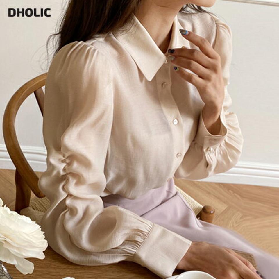 シアーパフスリーブブラウス・全2色・b00134 レディース 【bl】韓国ファッション トップス ブラウス 長袖 カラーネック シースルー ギャザー カフスボタン パフスリーブ 無地 シンプル カジュアル フェミニン 体型カバー ガーリー 春 秋 冬