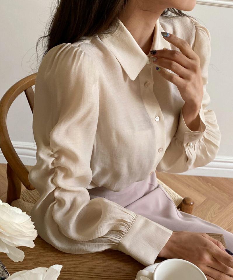 シアーパフスリーブブラウス・全2色・b00134 レディース 【bl】韓国ファッション トップス ブラウス 長袖 カラーネック シースルー ギャザー カフスボタン パフスリーブ 無地 シンプル カジュアル フェミニン 体型カバー ガーリー 春 秋 冬