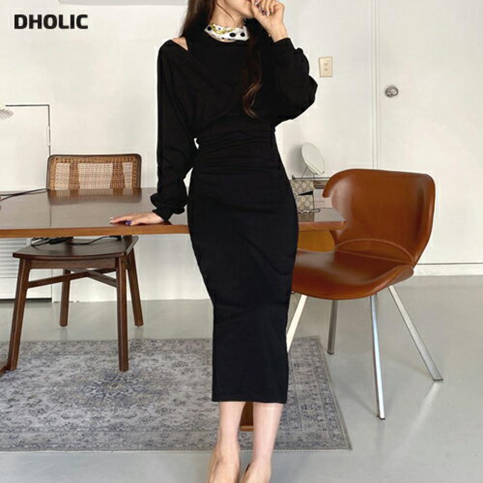 カシュクールTシャツ&ノースリワンピースSET・全3色・t00123 レディース 【ops】韓国ファッション ワンピース ロングワンピース Tシャツ セットアップ ノースリーブ 長袖 Vネック カシュクール ロング丈 クロップド丈 シンプル 体型カバー 秋 冬