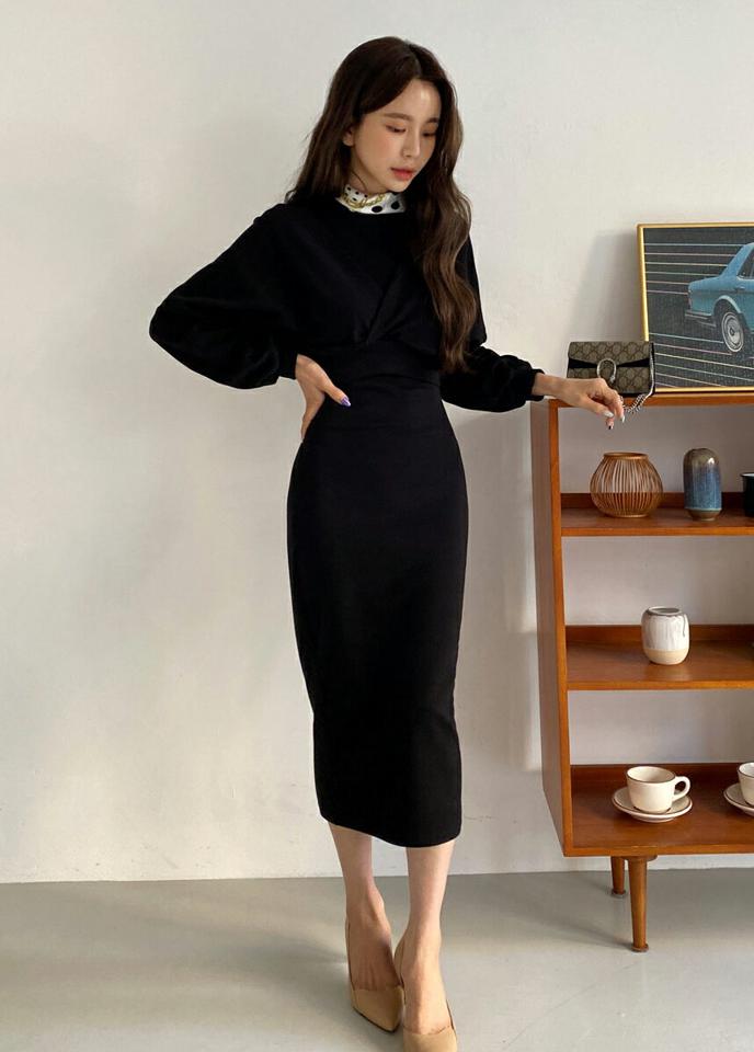 カシュクールTシャツ&ノースリワンピースSET・全3色・t00123 レディース 【ops】韓国ファッション ワンピース ロングワンピース Tシャツ セットアップ ノースリーブ 長袖 Vネック カシュクール ロング丈 クロップド丈 シンプル 体型カバー 秋 冬