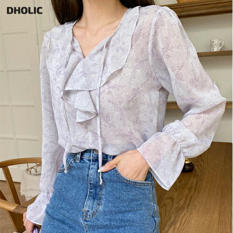 フローラルフリルブラウス・全3色・b00136 レディース 【bl】韓国ファッション トップス ブラウス 長袖 ネックフリル シフォン 花柄 フラワー フローラル アンバランス丈 シンプル カジュアル フェミニン ガーリー 春 秋 冬
