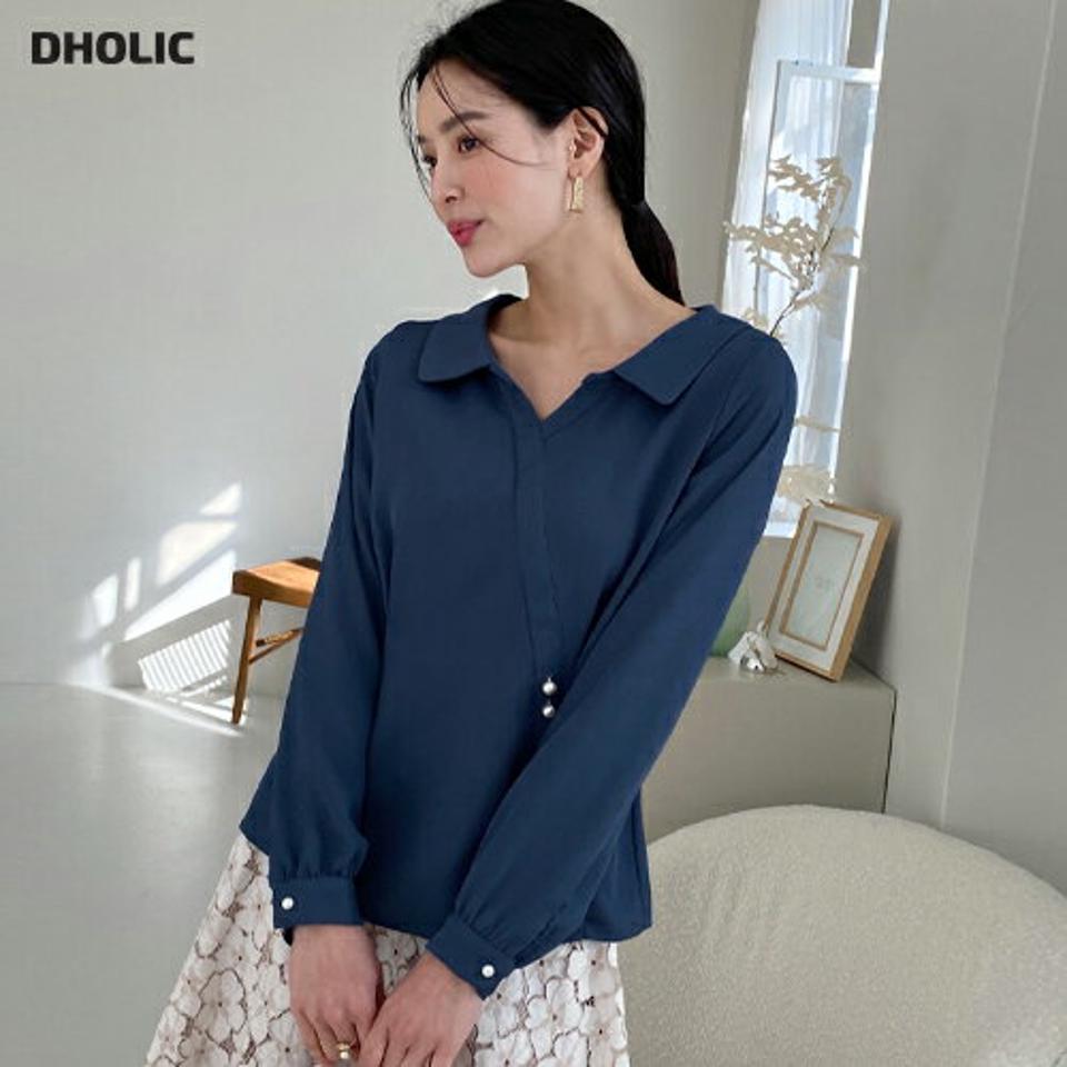 フェイクパールピンタックブラウス・全4色・t71730 レディース 【bl】トップス ブラウス 長袖 タック パール フェミニン 襟コン シンプル ユニーク 大人 スリットネック 春 秋 冬 韓国ファッション ハイホリHIHOLLI