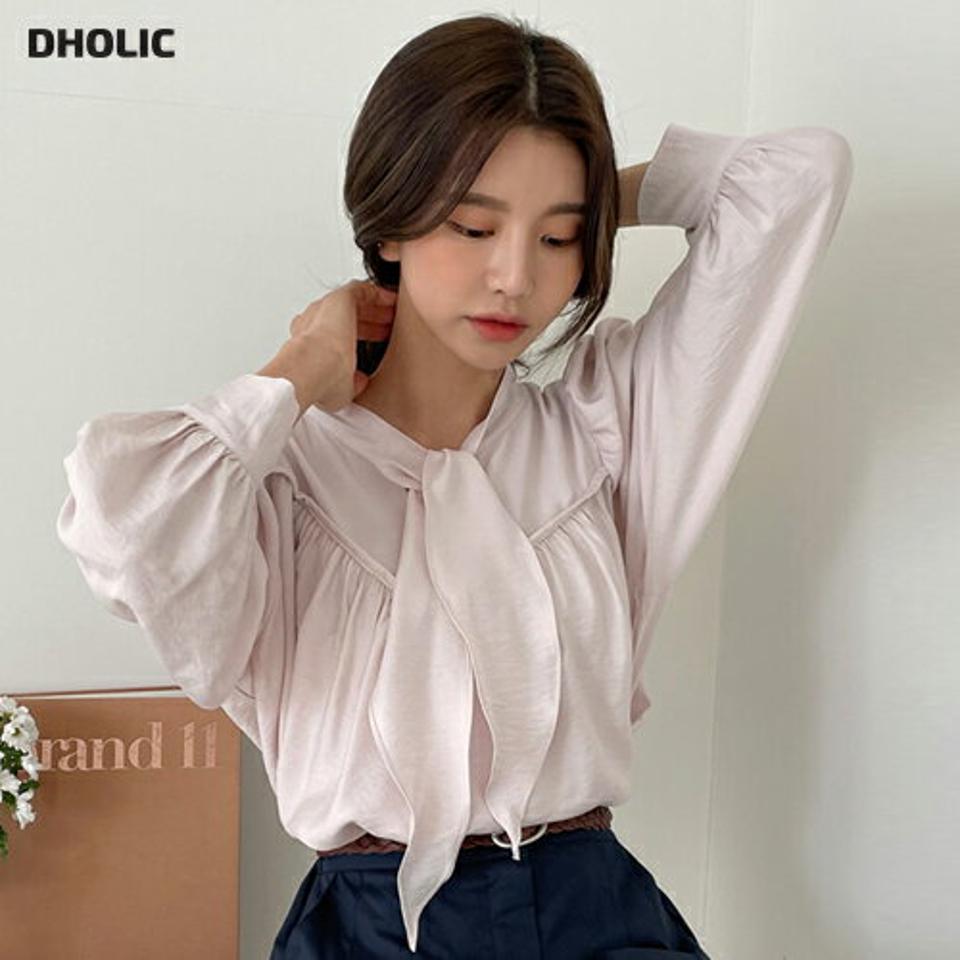 2WAYギャザータイブラウス・全3色・t65400 レディース 【bl】韓国ファッション トップス ブラウス 長袖 バンドカラー リボン スリット ボウタイ ルーズ 無地 シンプル カジュアル フェミニン 体型カバー ガーリー 春 秋 冬