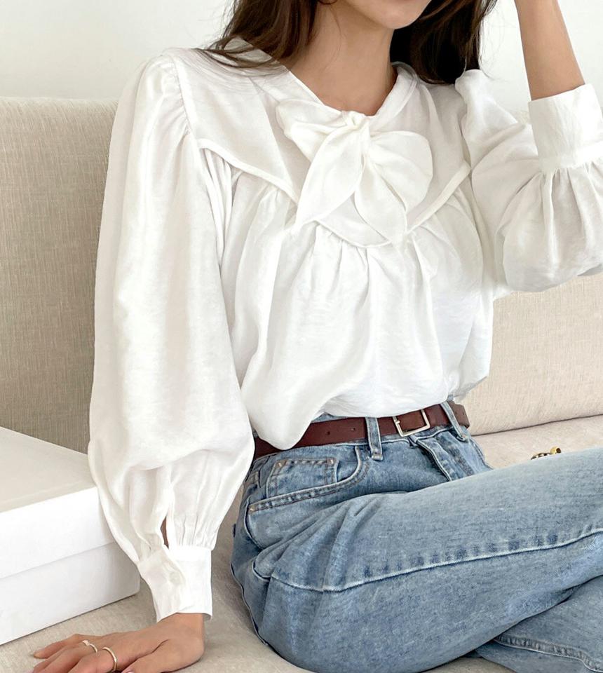 2WAYギャザータイブラウス・全3色・t65400 レディース 【bl】韓国ファッション トップス ブラウス 長袖 バンドカラー リボン スリット ボウタイ ルーズ 無地 シンプル カジュアル フェミニン 体型カバー ガーリー 春 秋 冬