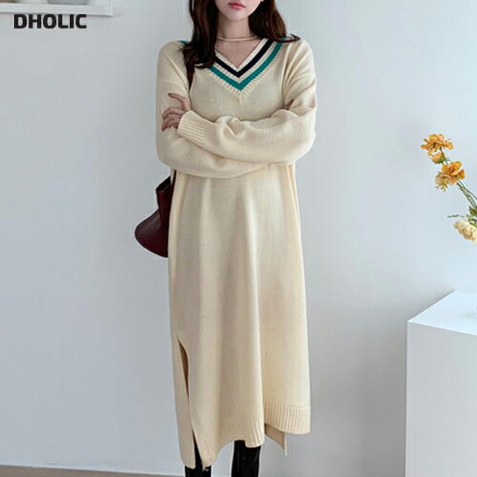 配色Vネックニットワンピース・全4色・b66224 レディース 【ops】韓国ファッション ワンピース ロングワンピース 長袖 Vネック 配色 ニットワンピース スリット ロング丈 ストレート ルーズ シンプル フェミニン 秋 冬