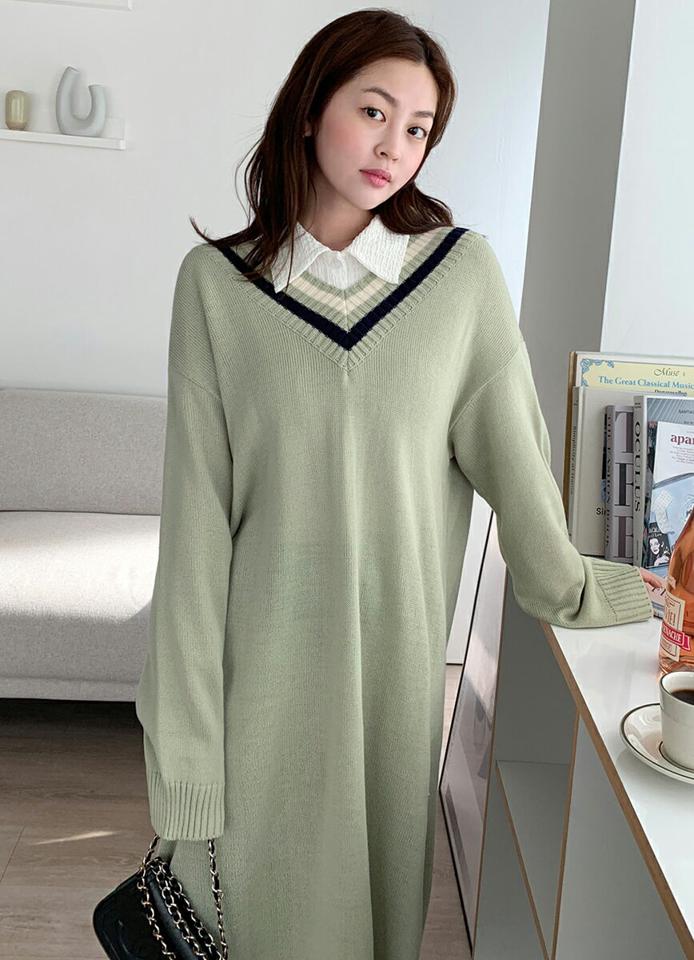 配色Vネックニットワンピース・全4色・b66224 レディース 【ops】韓国ファッション ワンピース ロングワンピース 長袖 Vネック 配色 ニットワンピース スリット ロング丈 ストレート ルーズ シンプル フェミニン 秋 冬