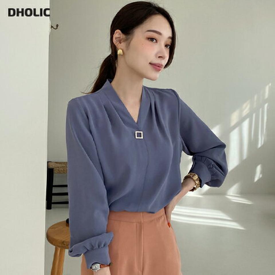 スクエアパーツVネックブラウス・全3色・t71731 レディース 【bl】トップス ブラウス 長袖 Vネック 大人 ギャザー シンプル 単色 オフィスカジュアル 春 秋 韓国ファッション ハイホリHIHOLLI