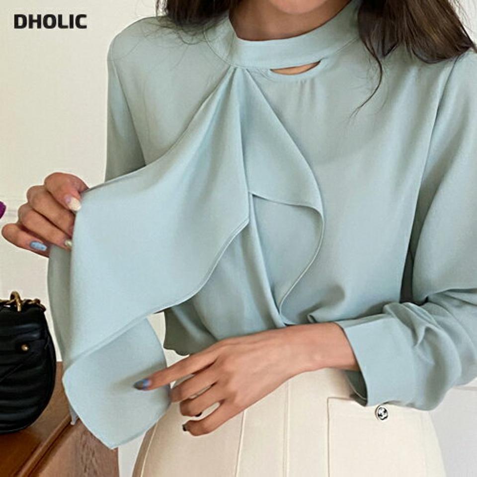 バンドカラーリボンブラウス・全3色・b00163 レディース 【bl】韓国ファッション トップス ブラウス 長袖 バンドカラー リボン スリット ボウタイ 無地 水色 シンプル カジュアル フェミニン ガーリー 春 秋 冬