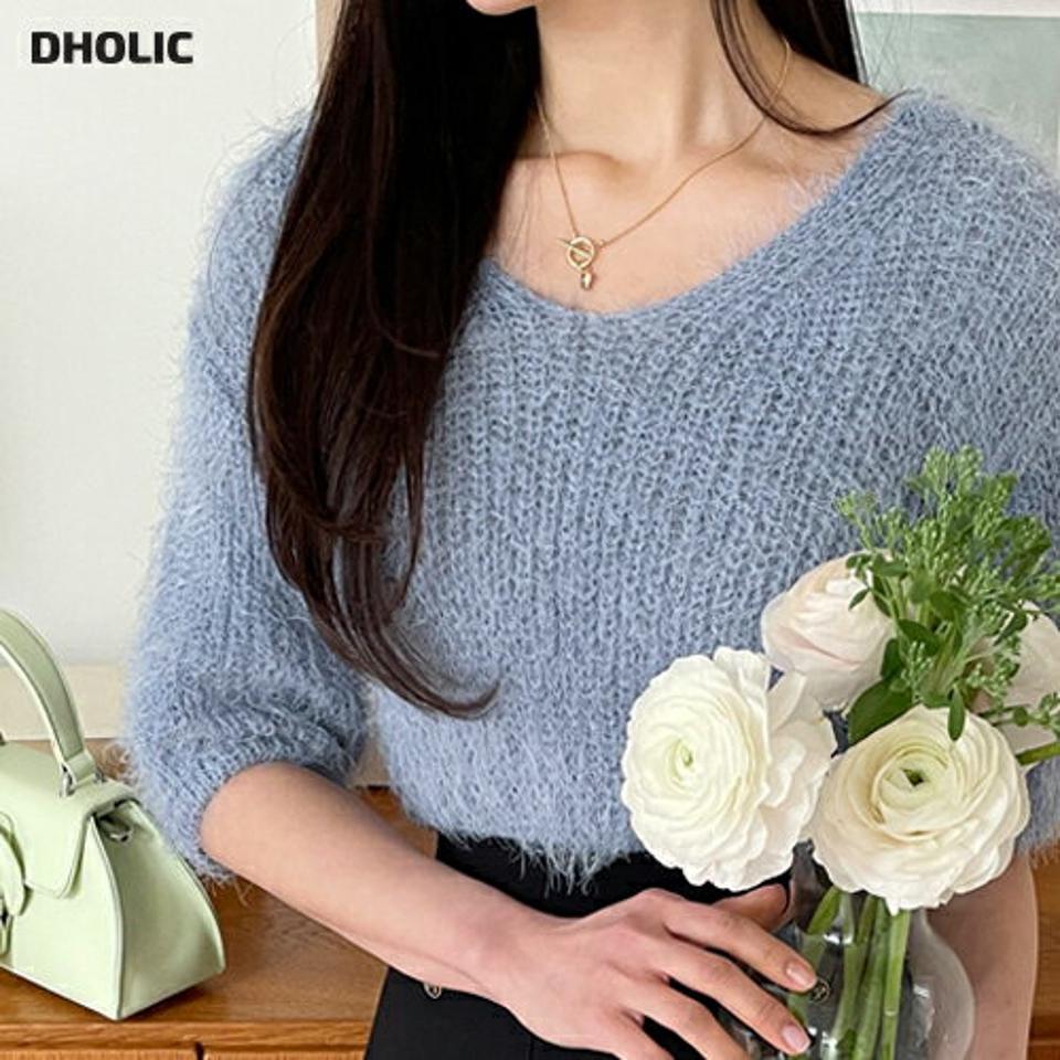 Vネック半袖ソフトニット・全6色・t00129 レディース 【tops】韓国ファッション トップス ニット 大人 半袖 Vネック ソフトニット ファータッチ カラーニット カラーアイテム 無地 シンプル 体型カバー フェミニン カジュアル デイリー 秋 冬