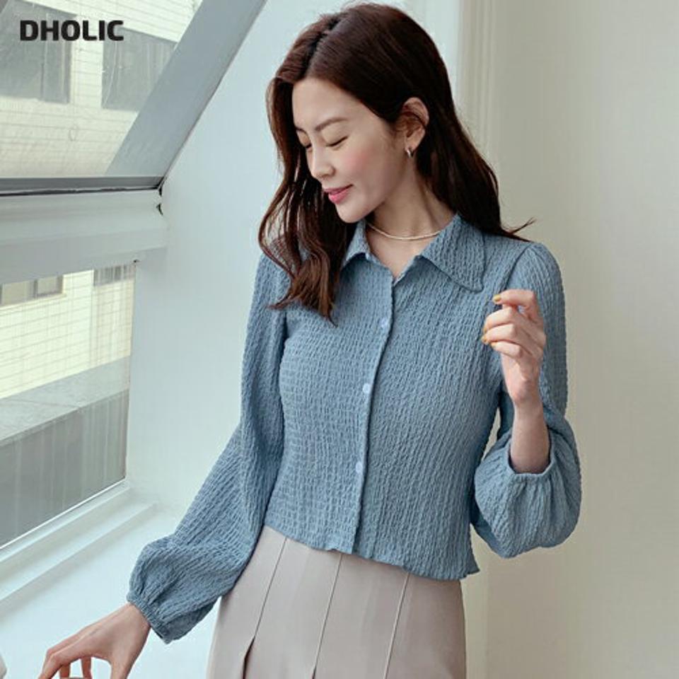 リンクルクロップドシャツ・全6色・t66215 レディース 【bl】韓国ファッション トップス シャツ 長袖 カラーネック リンクル クロップド丈 ボタン シンプル カジュアル フェミニン 体型カバー ガーリー 春 秋 冬